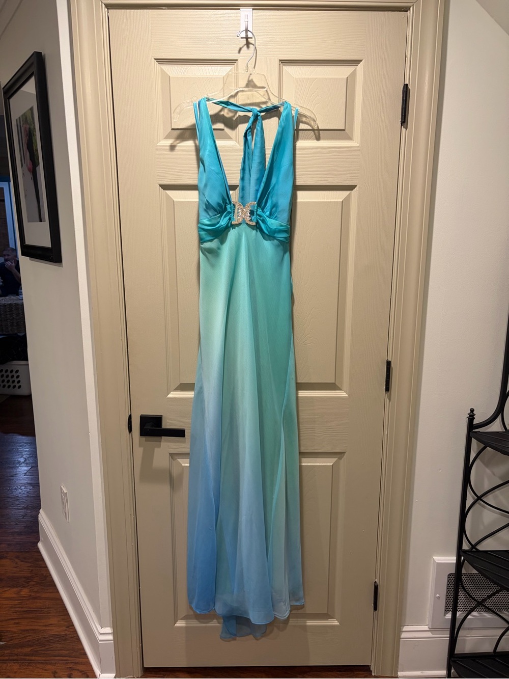 Vintage Cache Y2K Aqua Bell Rhinestone Halter Maxi Gown Dress Size 8